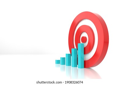 Business Graph With Red Target And Light Green Bar Charts On White Background. Business Target Concept. Financial Growth Concept. 3D Rendering.