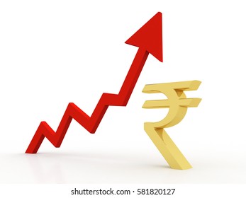 Business Graph With Rupee Sign. Indian Rupee Growth Concept. 3d Rendering