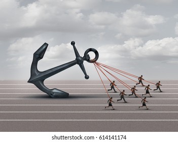 Business Group Challenge As A Team Of Workers Pulling A Heavy Anchor Together As A Corporate Metaphor For Overcoming The Burden And Obstacles Of A Company With 3D Illustration Elements.