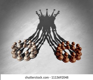 Business Group Leadership Concept As A Merger And Acquisition And Corporate Teamwork Combining Strengths As Chess Pawns Forming A King Crown Cast Shadow As A 3D Illustration.