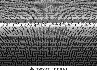 Business Group And Social Success With A Teamwork Of Businesspeople Running Through A Clear Path Inside A Maze Or Labyrinth As A Team Motivation Metaphor Of Achievement With 3D Illustration Elements.