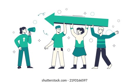 Business Growth, Leadership And Teamwork Cooperation Outline Concept. Successful Team Work Progress Flat Illustration. Corporate Leadership Metaphor