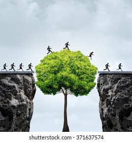 Business Growth Opportunity Concept As A Group Of Business People Taking Advantage Of A Tall Tree Grown To Create A Bridge To Cross Over And Link Two Separate Cliffs For Patience And Opportunism.