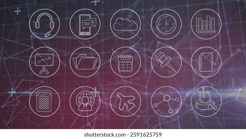 Business icons including headset, cloud, and calendar over digital network image. Technology, cloud computing, networking, innovation, communication, connectivity