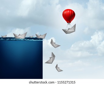 Business insurance plan and corporate liability protection concept as a paper boat lifted away from doom with 3D illustration elements.