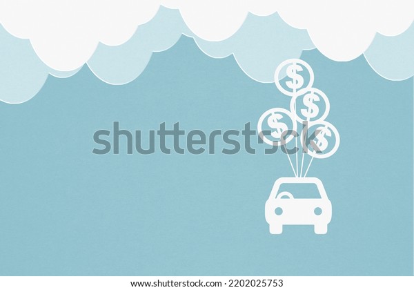 Business investment ,Car\
hanging with dollar sign balloon and cloud grunge paper cut on blue\
sky and clouds background ,Save money for prepare in future and\
Banking concept