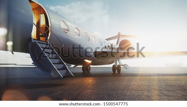 Business jet airplane parked at outside and\
waiting vip persons. Luxury tourism and business travel\
transportation concept. Flares. 3d\
rendering