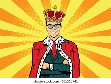 Business King. Businessman With Crown. Man Leader, Success Boss, Human Ego. Retro Pop Art Comic Drown Illustration.