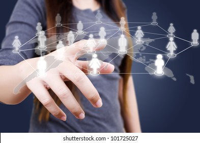 Business Lady Pushing Social Network Diagram.