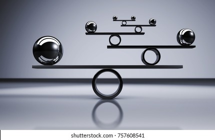 Business And Lifestyle Balance Concept With Balanced Metal Balls On Grey Background 3D Illustration.