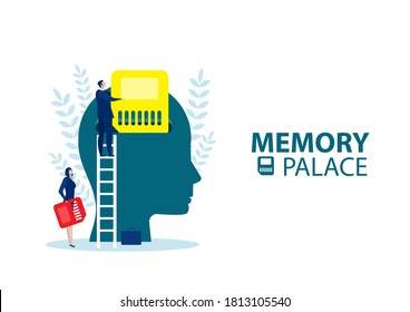 Business Man Character Put Memory Palace , On Head Human Mindset Concept .