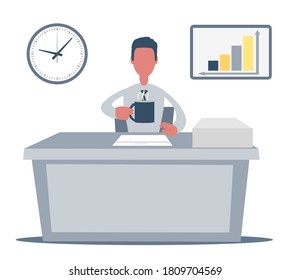 Business Man Entrepreneur Working On His Clean And Sleek Office Desk. Flat Style Color Modern Illustration.