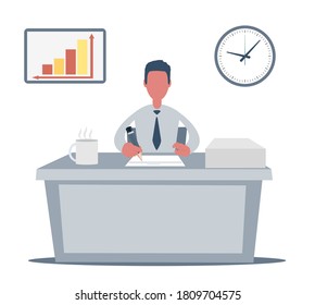 Business Man Entrepreneur Working On His Clean And Sleek Office Desk. Flat Style Color Modern Illustration.