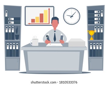 Business Man Entrepreneur Working On His Clean And Sleek Office Desk. Flat Style Color Modern Illustration.