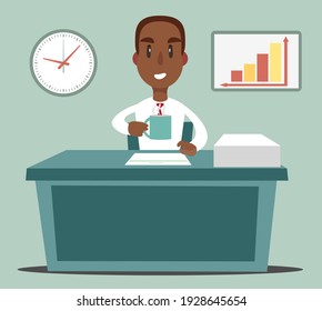 Business Man Entrepreneur Working On His Clean And Sleek Office Desk. Flat Style Color Modern  Illustration.