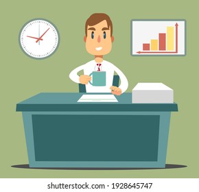 Business Man Entrepreneur Working On His Clean And Sleek Office Desk. Flat Style Color Modern  Illustration.