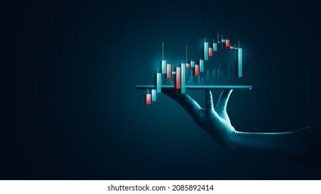 Business Man Holding Digital Tablet Investment Financial Stock Graph Or Growth Analysis Marketing Exchange Chart And Success Finance Technology Statistics On Future 3d Background With Economy Market.