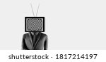 Business man with an old tv instead of head. Mass media addiction. Television manipulation and crowd control. 3d render 3d illustration