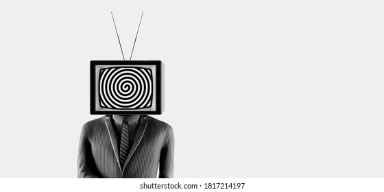 Business man with an old tv instead of head. Mass media addiction. Television manipulation and crowd control. 3d render 3d illustration - Powered by Shutterstock