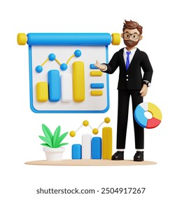 Business man present data analysis 3d character illustration for uiux, web, app, infographic, etc