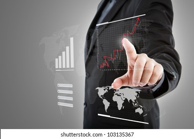 Business Man Pressing High Tech Type Of Modern Graph On A Virtual Background