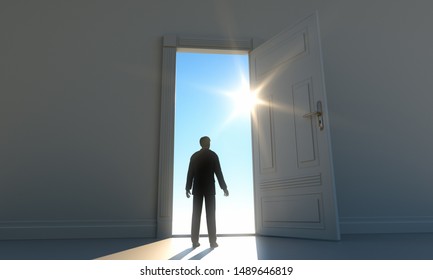 Business Man Standing At Open Door To The The Sunlight - Concept Future - 3D Illustration