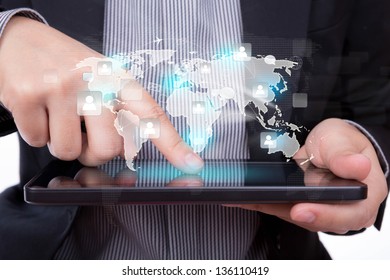 Business man using a touch screen device with social network