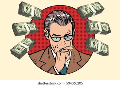 Business Man And Wads Of Money Pop Art Retro . Financier Accountant