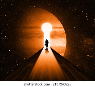 Business man walking on Keyhole Road The Mars Jupiter on Universe Cosmos background. Jupiter Business Future, Surreal Dreams and Imagination Concept