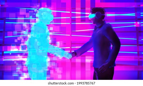 Business man wear virtual glasses is shaking hand with hologram graphic , futuristic communication concept. 3D rendering picture. - Powered by Shutterstock