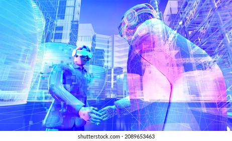 Business man wear virtual glasses is shaking hand with hologram avatar graphic in digital multiverse cyberspace , futuristic communication concept. 3D rendering picture.