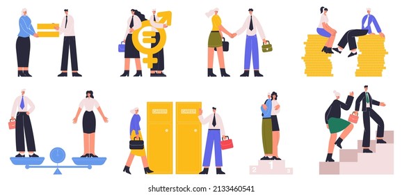 Business man and woman gender equality, equal career opportunities. Work gender equality, male female equal rights  illustration set. Society gender equality. Business gender equality concept - Shutterstock ID 2133460541