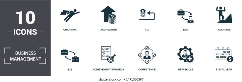 Business Management Icon Set. Contain Filled Flat Charisma, Competence, Perspective Vision, Courage, B2b, B2c, Turnover Icons. Editable Format.