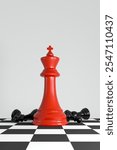 business and marketing strategy development concept. chess king with a bullseye target symbol and darts on checkered board, representing strategy, precision and goal achievement. 3D illustration