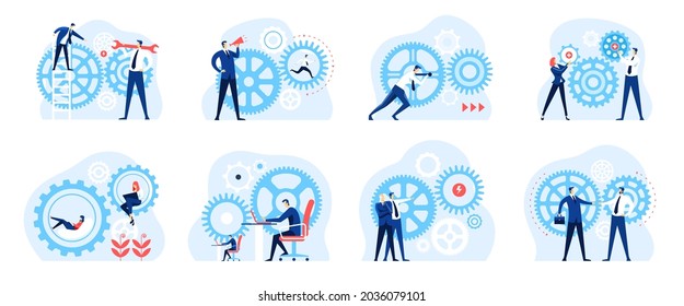 Business Mechanism. Collaborative Work Environment, Successful Team Organization. Growth Strategy, Partnership Concept With Gears  Set. Teamwork, People Organization And Management