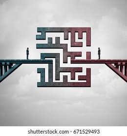 Business Meeting Challenge And Communication Solution Concept As A Bridge With A Maze Dividing Two Business People As A Metaphor For Team Strategy With 3D Illustration Elements.