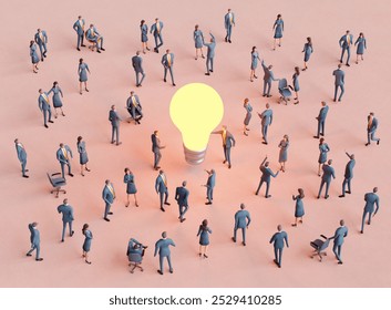 Business meeting, conference. Crowd of Business People working together next to light bulb, collaborating, sharing ideas. 3D rendering - Powered by Shutterstock