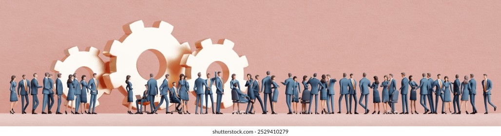 Business meeting, conference. People working together next to golden gear, collaborating, sharing ideas . 3D rendering	 - Powered by Shutterstock