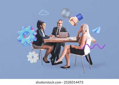 Business meeting with diverse colleagues, women and man, discuss business strategy. Colleagues collaborate, share ideas, and plan business growth. Business meeting with icons.  - Powered by Shutterstock