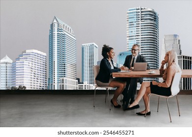 Business meeting with diverse professionals. Three people business meeting, discussing work. Office setting with cityscape background. Professional attire. Diverse business meeting concept. - Powered by Shutterstock