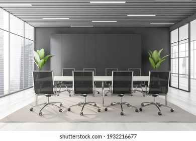 Business Meeting Room With Black Armchairs And White Table, Grey Carpet On White Floor. Black Shelf And Two Plants, Windows With City View, 3D Rendering No People