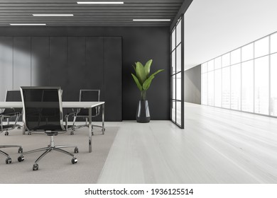 Business meeting room with black armchairs and wooden table, grey carpet on white parquet floor. Long corridor and panoramic windows with city view, 3D rendering no people