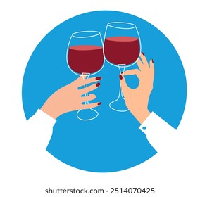 Business meeting. Women in white office shirts clink glasses with red wine. Minimalistic image. Flat style drawing.  - Powered by Shutterstock