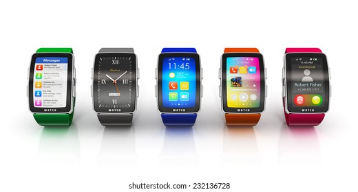 Business Mobility And Modern Mobile Wearable Device Technology Concept: Collection Of Color Digital Smart Watches Or Clocks With Colorful Screen Interface Isolated On White Background With Reflection