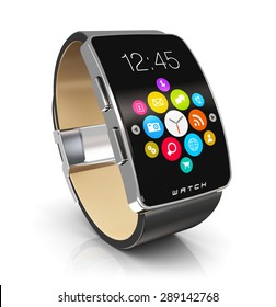 Business Mobility And Modern Mobile Wearable Device Technology Concept: Digital Smart Watch Or Clock With Color Screen Interface With Colorful Application Icons And App Buttons Isolated On White