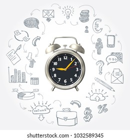 Business Morning Round Design With Hand Drawn Icons Of Work System Around 3d Mechanical Clock  Illustration  