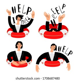 Business Need Help. Office Woman In Distress Illustration, Businesswomen And Lifebuoy Isolated On White Background