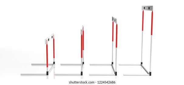 Business obstacles concept. Hurdles of miscellaneous sizes in a row isolated, against white background, side view, banner, 3d illustration.