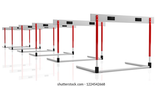 Business Obstacles Concept. Hurdles In A Row Isolated, Against White Background, 3d Illustration.