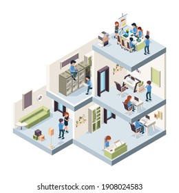 Business Office Isometric. Corporate Building Interior And Exterior Creativity Group Of Freelancers And Managers Working In Cabinets